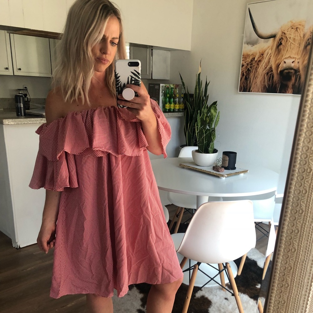 Red gingham off shoulder dress